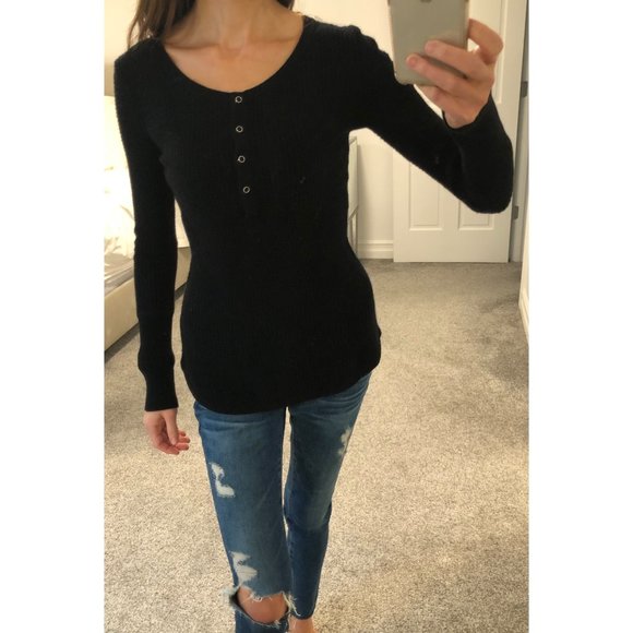 NWT Aqua Black Cashmere Henley Waffle Sweater - XS - Picture 4 of 7